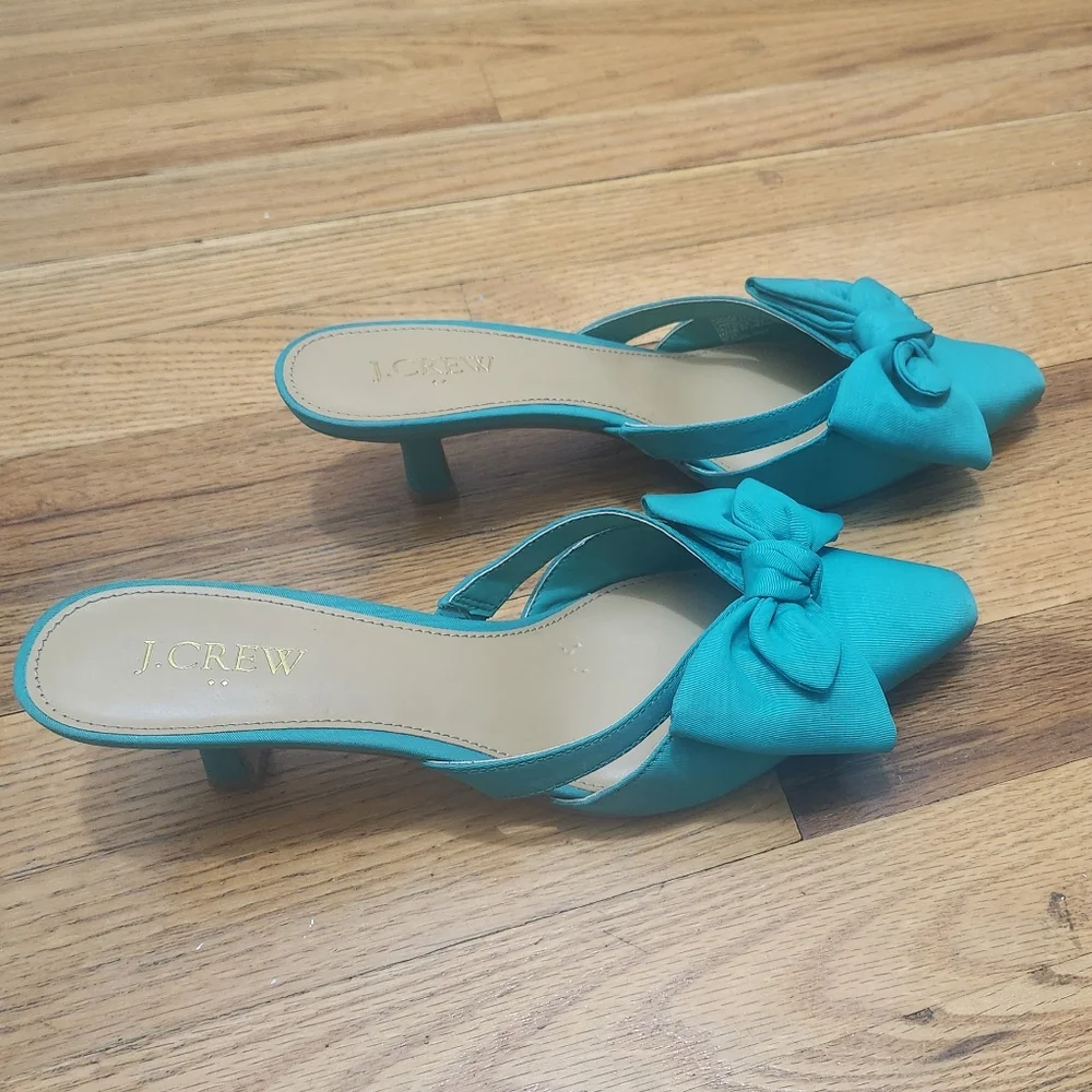 J.Crew Women’s Size 8 Teal Bow Mule Heels Kitten Heel Slip-On Sandals Chic Dress - Picture 2 of 10